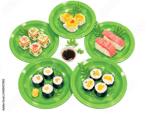 Colorful Sushi Platter Array in Green Plates with Soy Sauce and Garnish