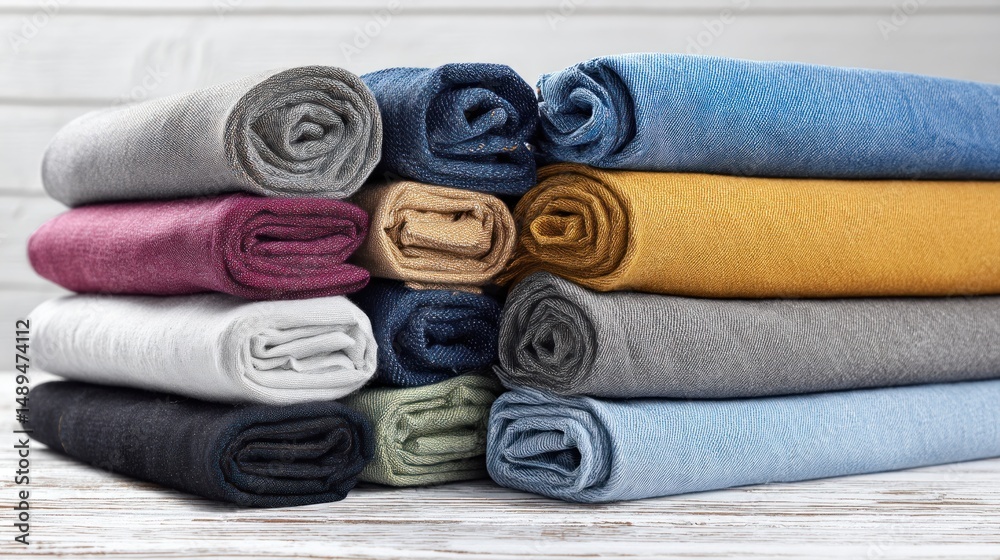 Rolled up colorful t-shirts and pants neatly stacked Rolled up colorful t-shirts and pants neatly stacked
