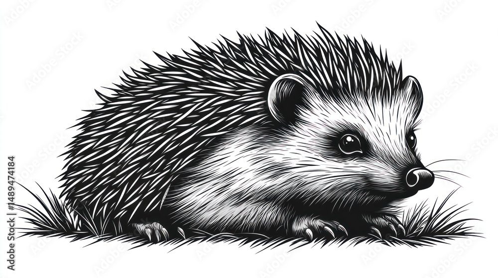 Naklejka premium Cute hedgehog in detailed line art