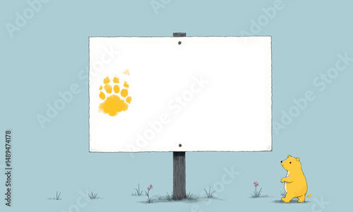 Curious Bear and Empty Billboard in Spring Meadow