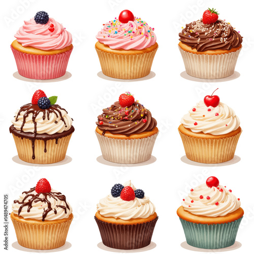 Delicious Cupcakes with Berries and Frosting in Assorted Colors