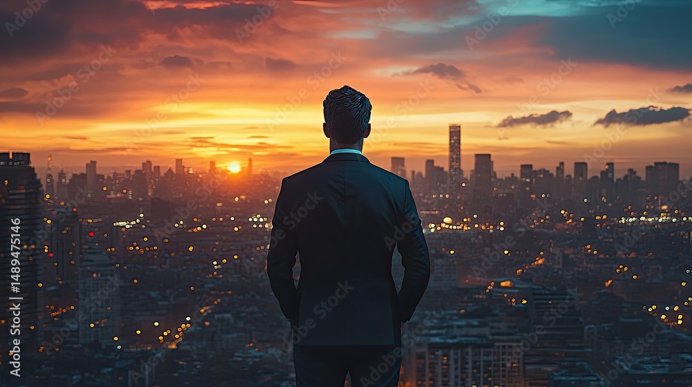Fototapeta premium Businessman contemplates cityscape at sunrise.