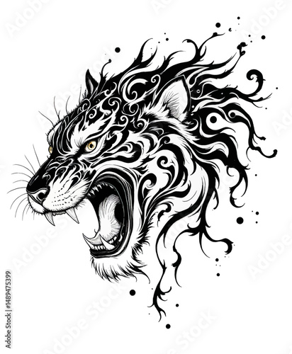Dynamic Tiger Head Tattoo Design with Tribal Swirls