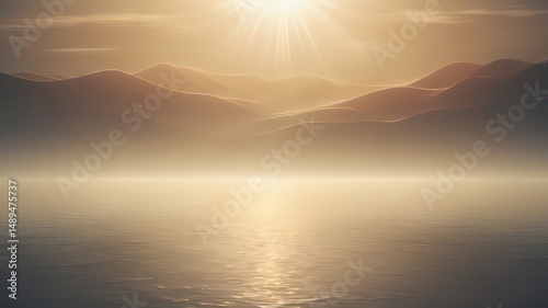 Serene Sunrise Over Misty Mountains and Calm Water