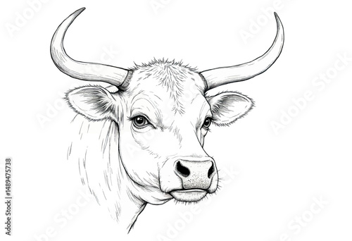 Elegant Cow Portrait with Long Horns in Minimalist Style