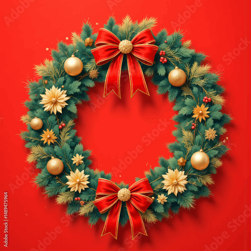 Elegant Christmas Wreath with Gold Ornaments and Red Bows