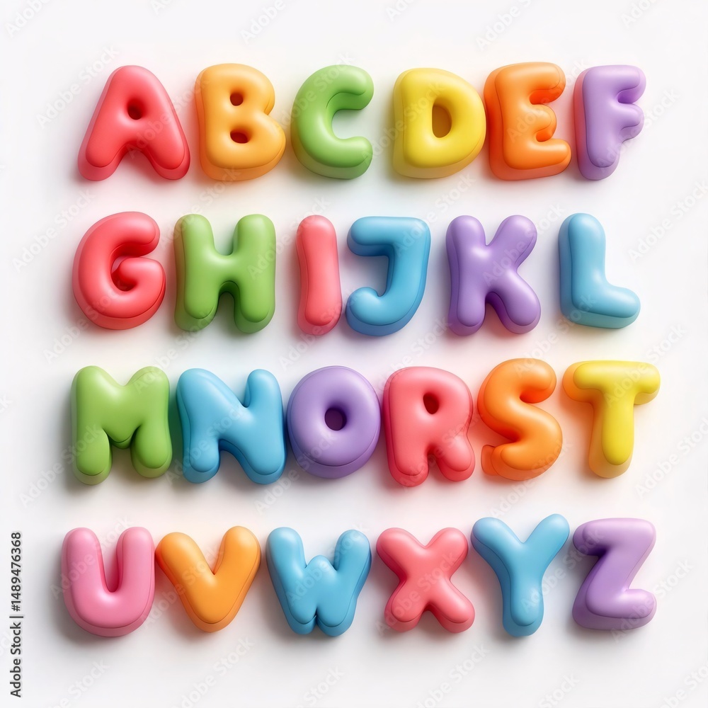 Naklejka premium Colorful alphabet letters, vibrant and playful font design for kids education, early learning, and children's books.