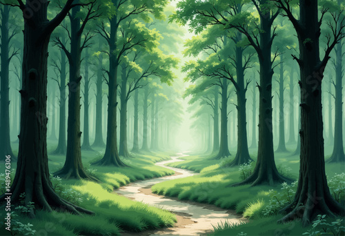 Enchanted Forest Path in Soft Morning Mist