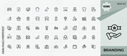 Branding modern icon set. Brand Identity related icon set. Contains outline symbols like strategy, company, marketing, brand, identity, customer and more. Signs for web and mobile app.