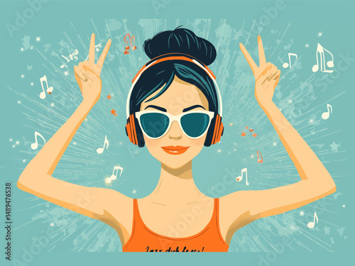young woman in headphones smiling and enjoying music