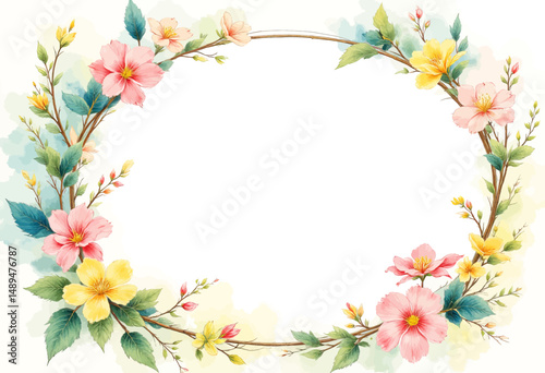 Floral Frame with Pink and Yellow Blooms, Leafy Branches, Soft Pastels
