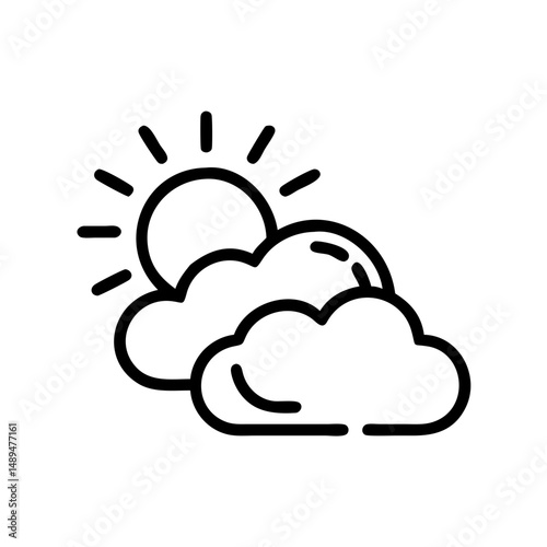 Overcast clouds with sun rays in minimalistic line art design  