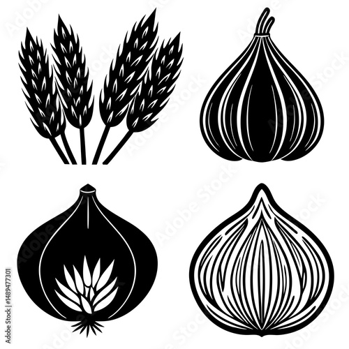 Garlic Head Graphic Set – Four Variations with Outline Styles and Backgrounds