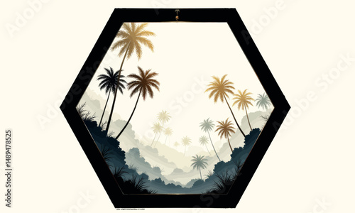 Hexagonal Mirror with Tropical Oasis Reflection