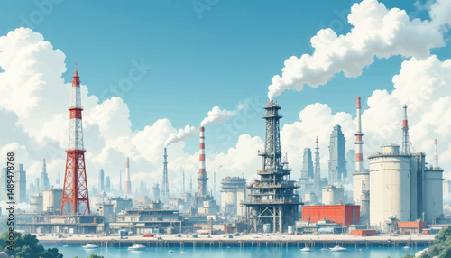 Industrial Skyline by Water with Clouds