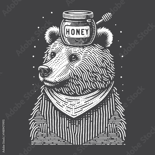 Rustic Bear with Honey Jar on Head Drawing – Vintage Forest Animal Vector Artwork for Nautical Apparel, Posters, and T-Shirt Designs on Dark Background
