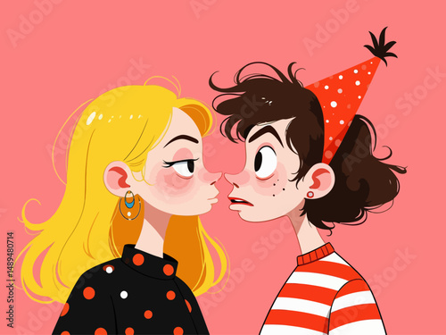 A playful interaction between a girl and a boy at a computer desk showcases creativity, connection, and collaboration in a flirtatious manner, capturing youthful energy