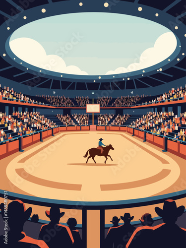 a cowboy expertly riding a horse in a rodeo arena, surrounded by enthusiastic spectators and dramatic clouds in the sky