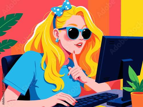A playful interaction between a girl and a boy at a computer desk showcases creativity, connection, and collaboration in a flirtatious manner, capturing youthful energy