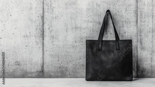 Black suede tote bag on gray concrete background