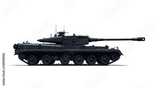 Modern Military Tank in Dark Camouflage on Flat Terrain