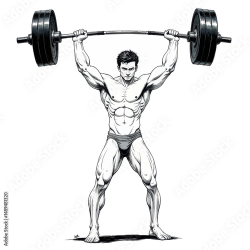 Muscular Man Lifting Heavy Barbell, Black and White Illustration