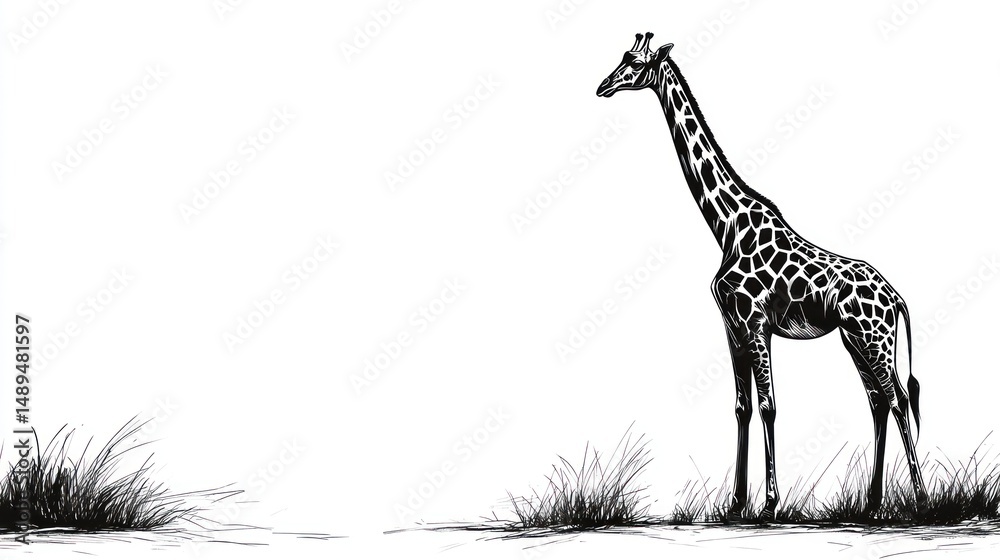 Naklejka premium Giraffe in savanna, ink sketch