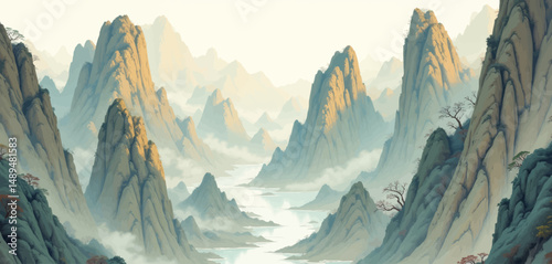 Mystic Mountain Valley in Serene Autumn Mist