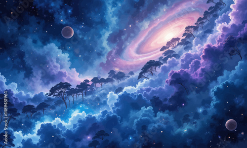 Mystical Forest Under Cosmic Skies