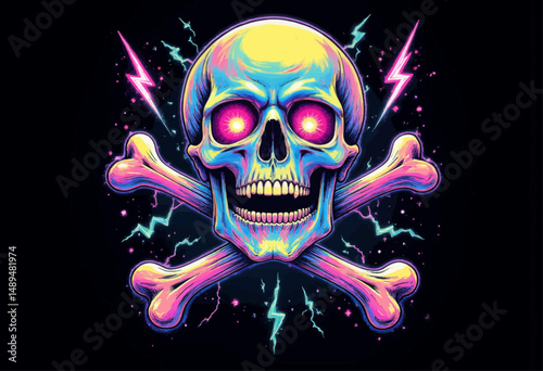 Neon Skull and Crossbones with Electric Bolts