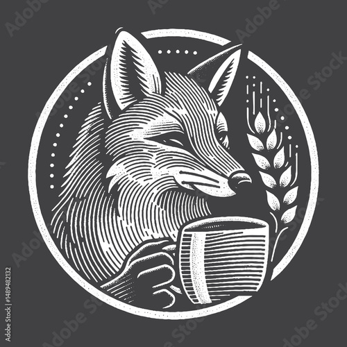 Rustic Fox Holding Coffee Mug Drawing – Vintage Cozy Wildlife Animal Vector Artwork for Outdoor Apparel, Posters, and T-Shirt Designs on Dark Background
