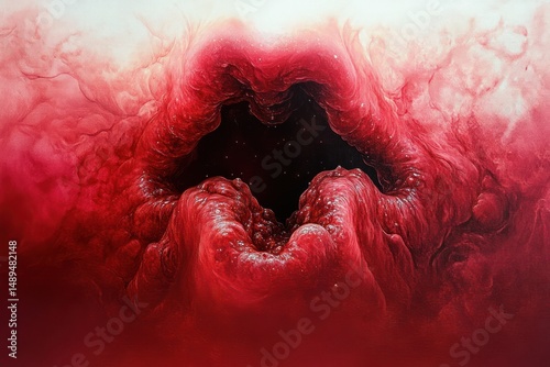 Abstract organic red and dark swirling structure resembling a cavernous opening with fleshy textures and a mysterious inner depth