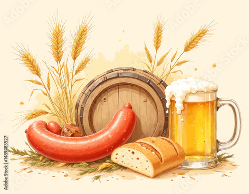 Rustic Beer Mug with Sausage and Bread, Golden Wheat Fields