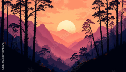 Serene Forest Sunset over Mountain Range with Silhouetted Trees