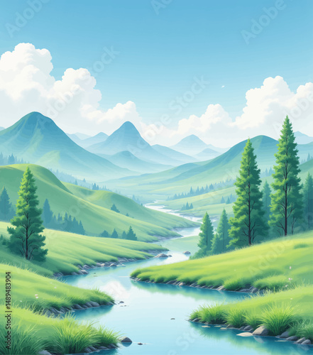 Serene Mountain Valley with River and Pine Trees
