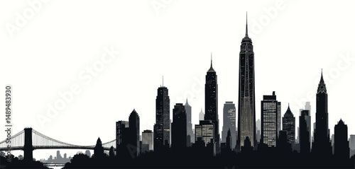 Silhouetted New York Skyline at Dusk with Iconic Bridge and Buildings
