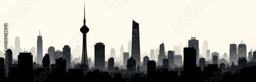 Silhouetted Skyline at Dusk with Towering Skyscrapers and Fog