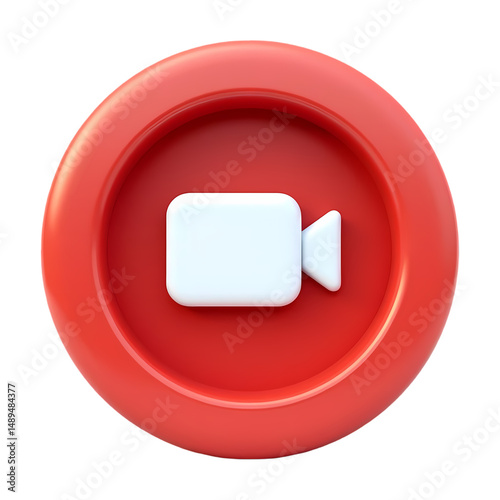 A red circular button with a white video camera icon in the center  render isolated on transparent backgruond
