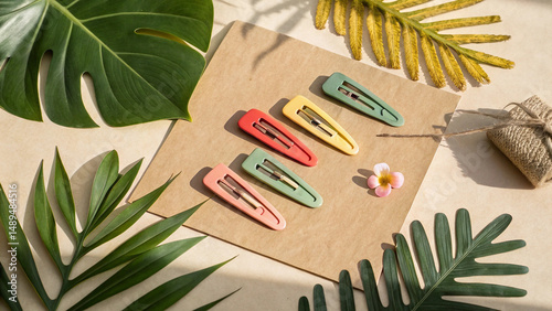 Colorful Hair Clips Surrounded By Tropical Leaves Composition Idea