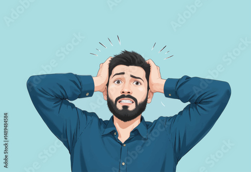Stressed Man Covering Ears in Blue Shirt