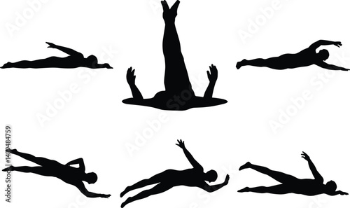 Dynamic Swimming Silhouette Clipart SVG Bundle– Athlete Style Clipart. Swimming Black Vector Illustration Isolated on white Background. Olympic Swimmer, Retro & Modern Swimmer, Swimming Action Poses.