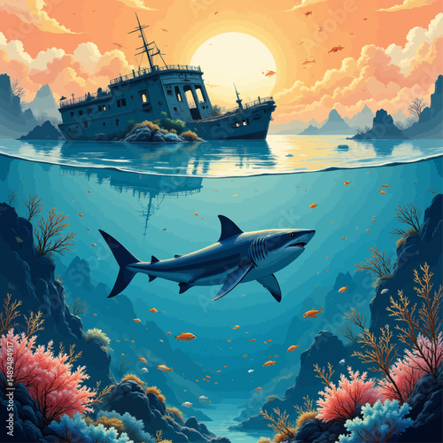 Sunset Shipwreck Underwater Adventure with Shark and Colorful Coral