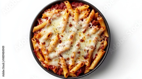 Indulge in a mouthwatering baked ziti dish, perfectly layered and topped with gooey melted cheese. 