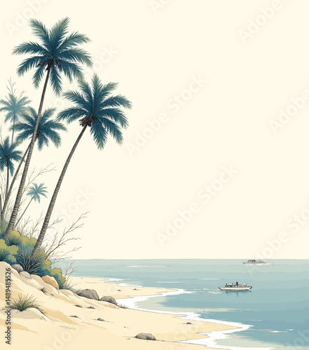 Tropical Beach Serenity: Palm Trees and Boats