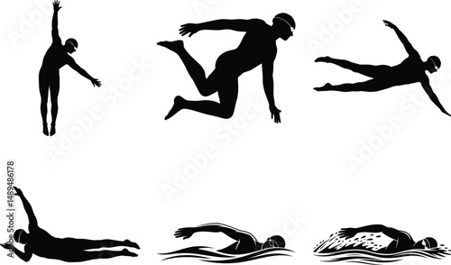 Dynamic Swimming Silhouette Clipart SVG Bundle– Athlete Style Clipart. Swimming Black Vector Illustration Isolated on white Background. Olympic Swimmer, Retro & Modern Swimmer, Swimming Action Poses.