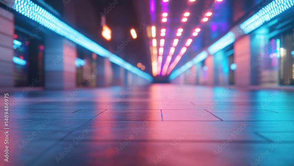 Neon-lit shopping arcade at night Neon-lit shopping arcade at night
