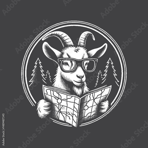 Rustic Goat Wearing Glasses and Reading Map Drawing – Vintage Curious Farm Animal Vector Artwork for Explorer Apparel, Posters, and T-Shirt Designs on Dark Background