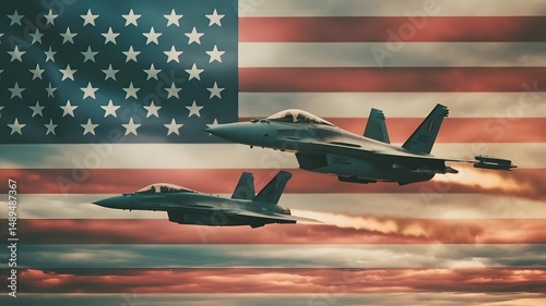 Obraz na płótnie American Fighter Jets Soaring Against Flag