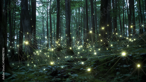 Forest network glowing connections in nature. [Fungal Cities] | Hyphal Networks | thread street. Illustration