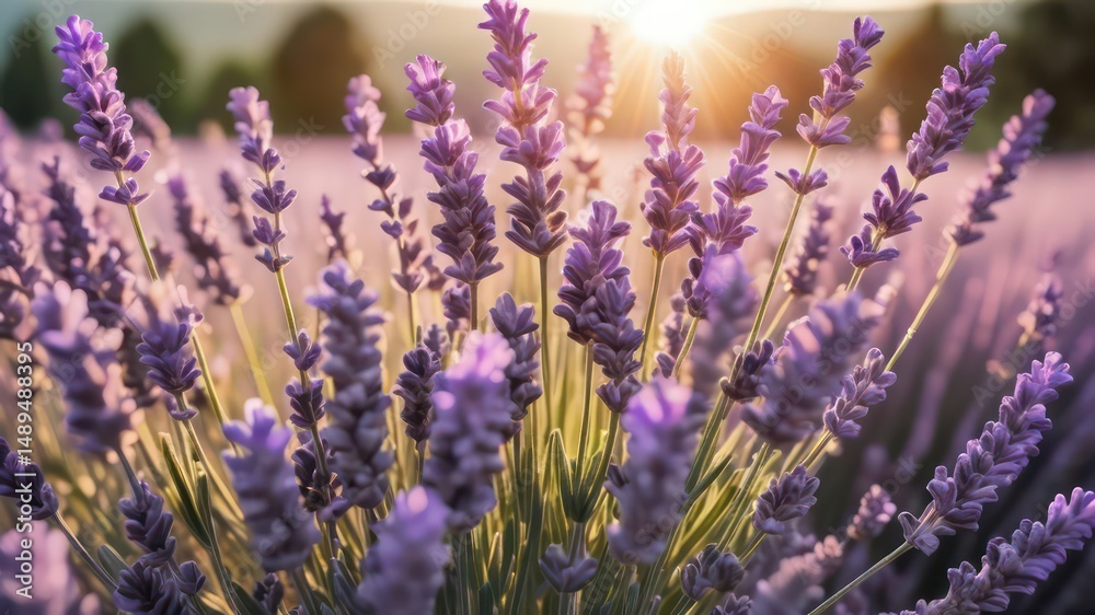 Fototapeta premium Serene Sunset Lavender Field A Close-Up View of Blooming Purple Flowers Bathed in Golden Light